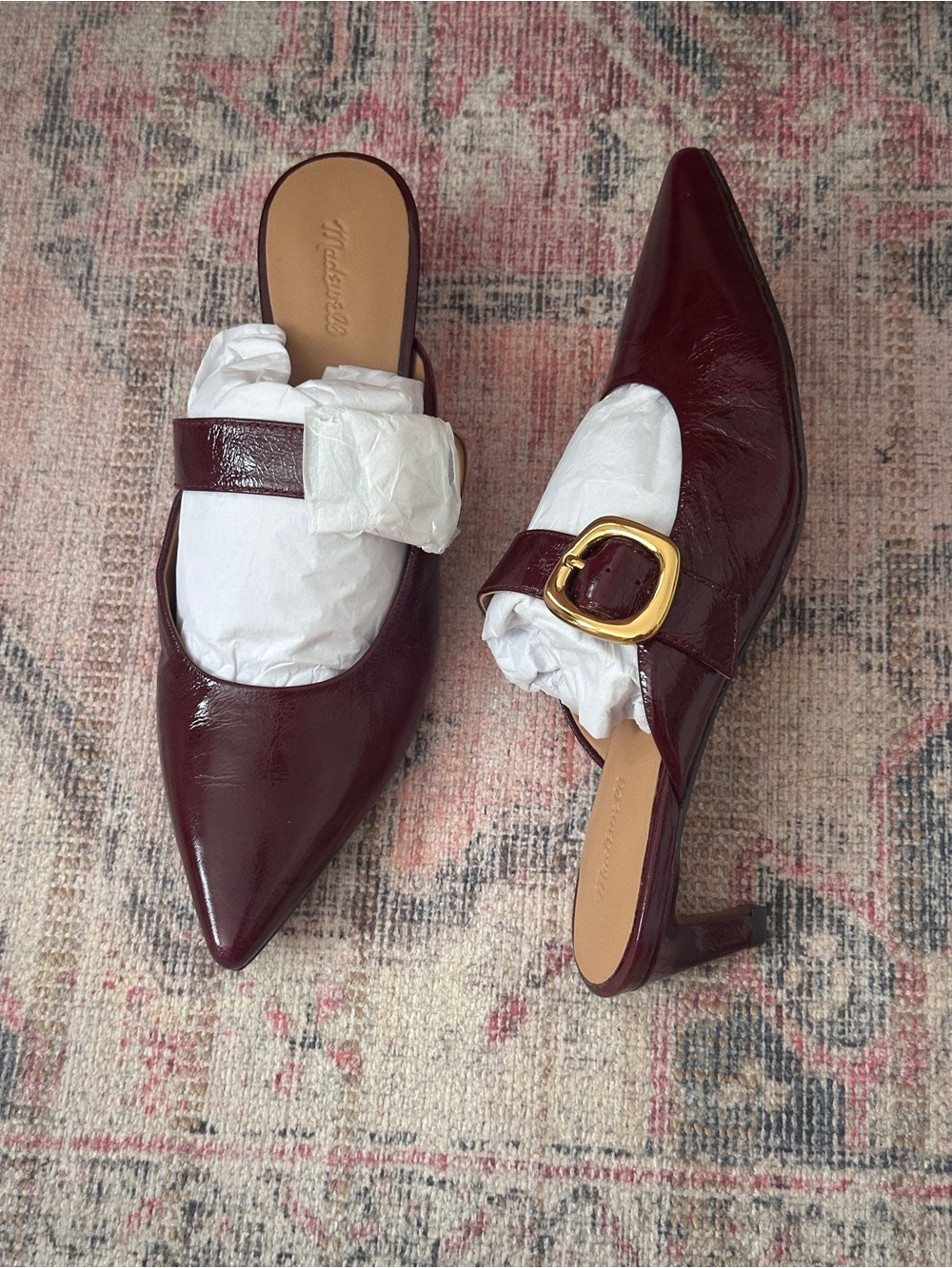 Madewell Burgundy Patent Pointed Mary Jane Mules with Gold Buckle - Picture 3 of 9